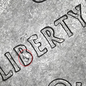 May include: Close-up of a coin with the word "LIBERTY" in bold, raised letters. The coin's surface has a textured, grainy appearance. A red circle highlights a detail on the letter "B".