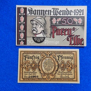 Lot of 2 1921 German Notgeld Serial Numbered Emergency WW1 Collectible Bank Notes, Currency, Vintage
