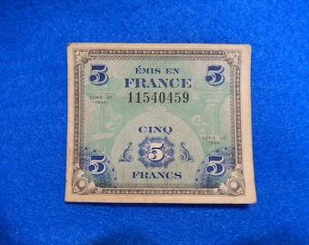 1944 France Allied Military 5 Franc Paper Note - WWII Era Allied