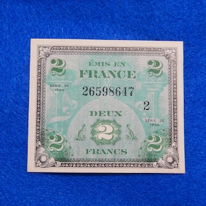 1944 France TWO (2) Francs, Allied Military Currency (AMC), issued by Allied powers during World War II