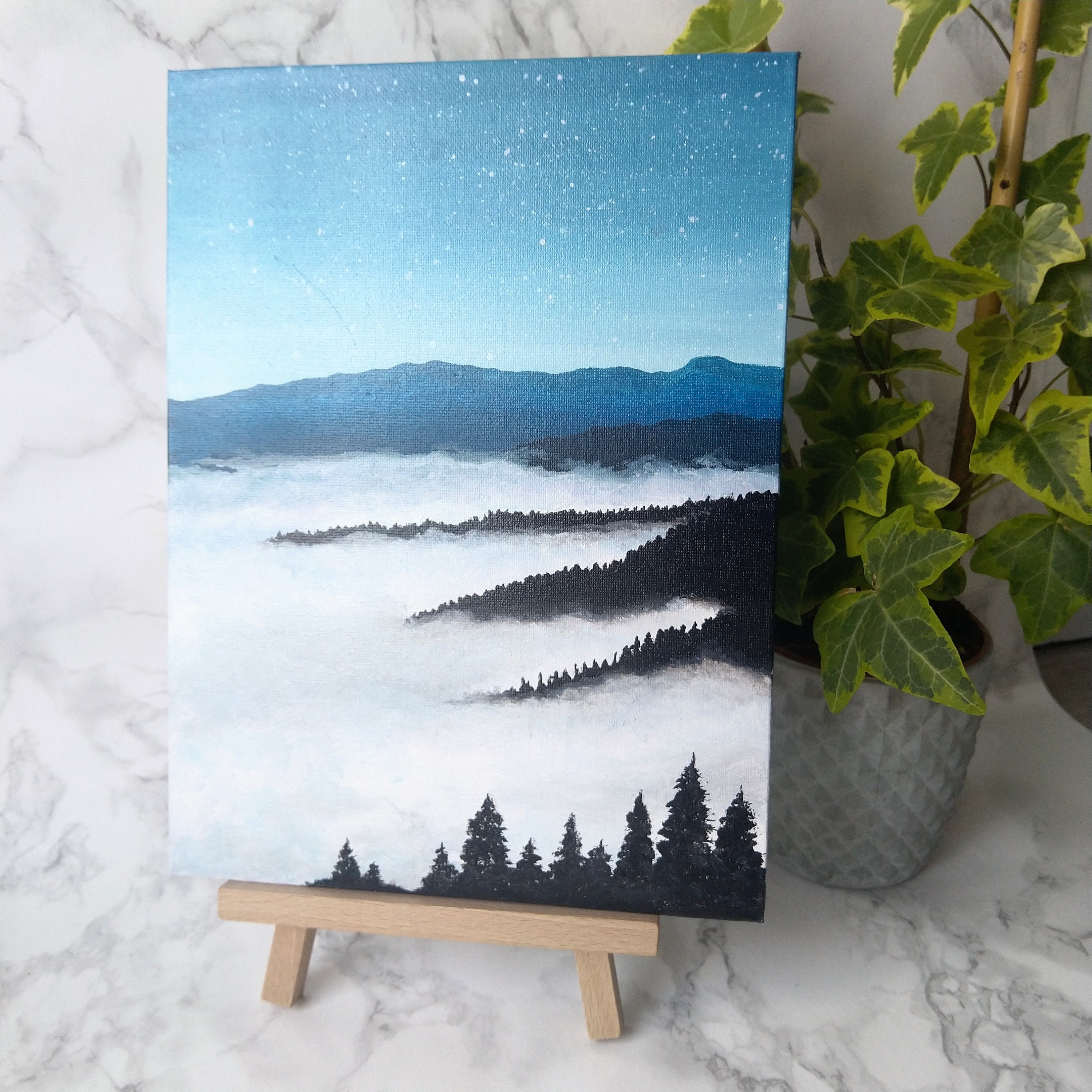 Original acrylic painting misty forest mountains stars Etsy