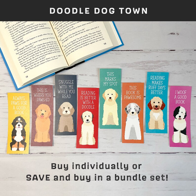 8 colorful doodle dog bookmarks in a row with an open book above them