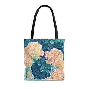 May include: A tote bag featuring a colourful illustration of two golden doodle dogs kissing. The dogs are in front of a green and blue background.