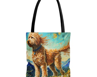 May include: A tote bag featuring a painting of a golden doodle dog with its fur blowing in the wind. The dog is standing on a blue and green landscape with a yellow sky.
