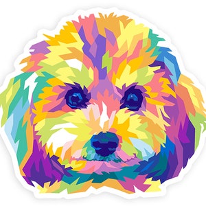 May include: A colorful, abstract portrait of a small, fluffy dog with a white background. The dog's fur is depicted in shades of yellow, pink, purple, and blue.