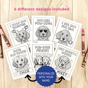 Cartes personnalisées de Saint-Valentin pour les salles de classe d'enfants, imprimables, modifiables, Mini page à colorier de la Saint-Valentin chien Goldendoodle, chien mignon