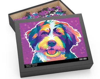 May include: A 500 piece jigsaw puzzle featuring a colorful pop art style illustration of a dog's face. The puzzle is 16x20 inches and is recommended for ages 9 and up.