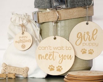 New Puppy Birth Announcement, Puppy Breeders, Puppy Girl, Puppy Boy, Hangs on puppy collar, Milestone Engraved Wooden Disc Set, Laser Cut
