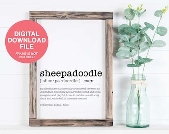 Diccionario digital Sheepadoodle, imprimible, descarga digital instantánea, regalo de garabatos, perro imprimible para póster o lienzo, decoración del hogar, arte canino