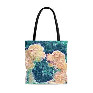 May include: A tote bag featuring a colourful illustration of two golden doodle dogs kissing. The dogs are outlined in yellow, orange and red, and the background is a dark teal with green accents.