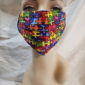 Autism Awareness multicolored puzzle cotton handmade pleated decorative face cover with elastic ear loops,  latex free option available