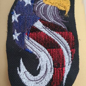May include: Embroidered patch featuring an eagle head with the American flag incorporated into the design. The eagle's head is detailed with white, yellow, and gray thread, set against a black background.