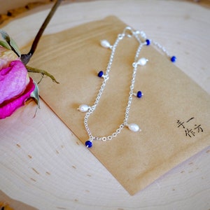Fresh Water Pearls and Lapis Lazuli Silver-plated Anklets/Gemstone Jewelry/Gemstone Pearls Anklets