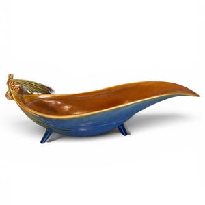 Roseville Pottery Pine Cone Modern 432-12" Boat Bowl - Mid-Century Blue Console Gondola Centerpiece - 1953