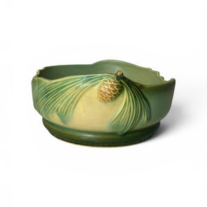 1953 Roseville Pottery Pine Cone Modern Green 426-6 Low Bowl