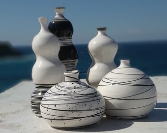 Black and White Modern Ceramic Bottle of unique abstract design handmade (set of 2)