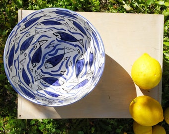 Large Serving Bowl Ceramic Handmade with fish decor