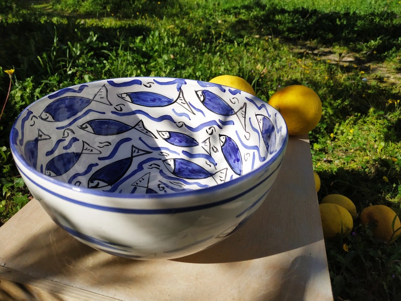 Large Serving Bowl Ceramic Handmade with fish decor image 3