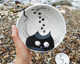 Handmade Ceramic Bowl with Cat painting, for yogurt, cereal, rice, fruits, soup, in 2 sizes