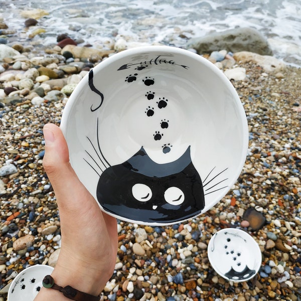 Handmade Ceramic Bowl with Cat painting, for yogurt, cereal, rice, fruits, soup, in 2 sizes