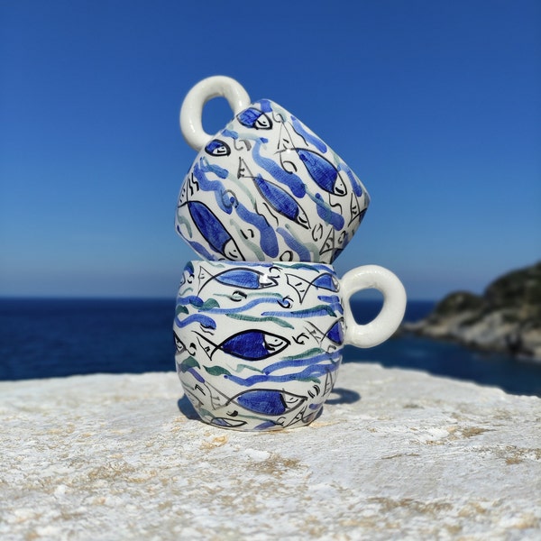 Ceramic Coffee Mug Handmade with fish decor