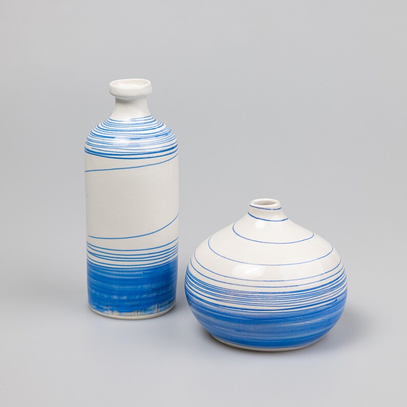 Ceramic Vase Nordic Style Handmade set of 2 Bliue Spiral Lines