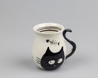 Coffee Mug with Cat painting Handmade Ceramic