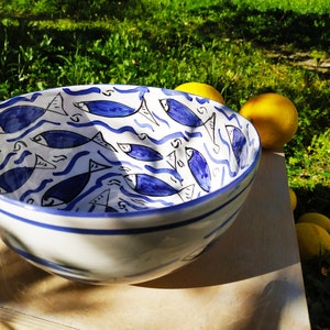 Large Serving Bowl Ceramic Handmade with fish decor image 9