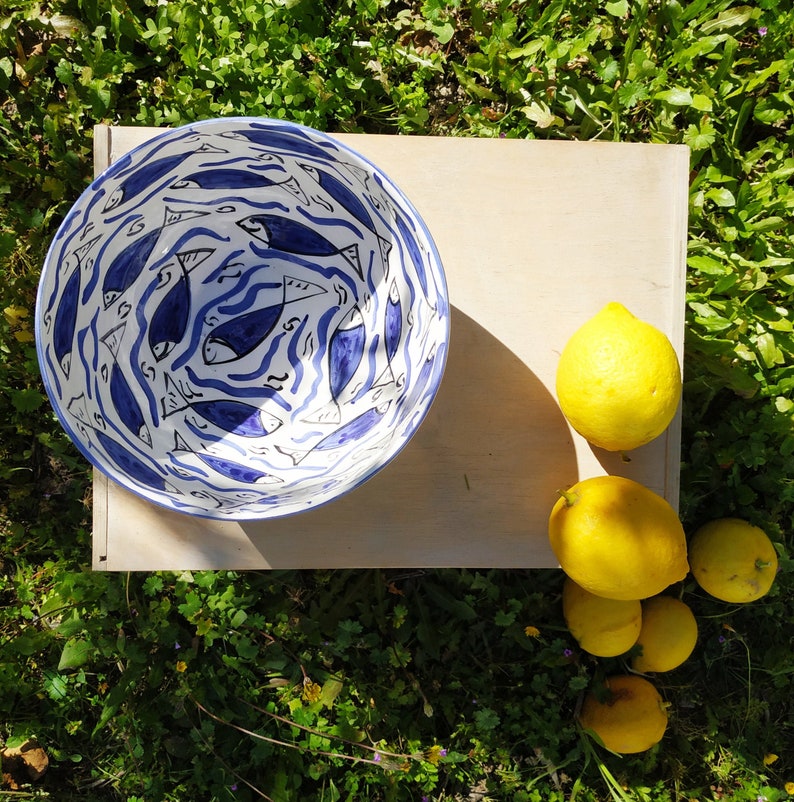 Large Serving Bowl Ceramic Handmade with fish decor image 1