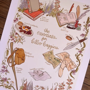 May include: An illustration of the essentials for Bilbo Baggins, including books, a map, a walking stick, a leather knapsack, handkerchiefs, a ring, and a sword. The illustration is surrounded by flowers and vines.