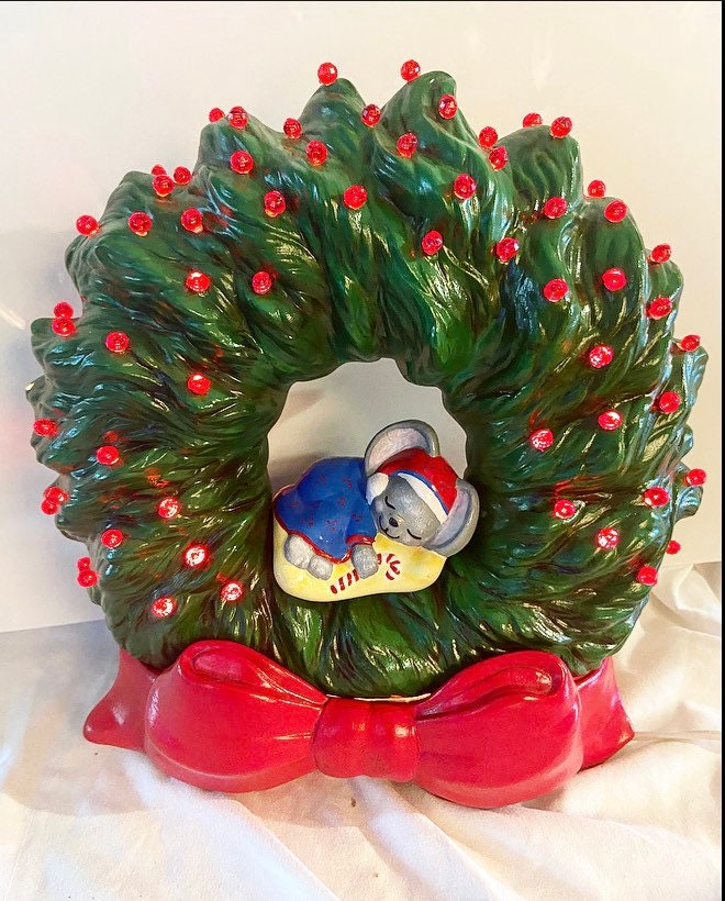 Vintage Ceramic light Up Wreath perched on ceramic red Etsy