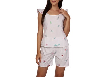 Ladies cotton summer pajamas; short and top; Strappy shorts pajamas; white pajamas; Tank top pajama set