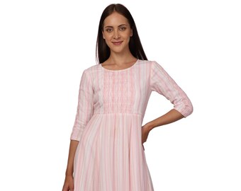 Pink and white dress; Cotton dress; Cotton Gauze dress; Calf length dress; Designer Dress; Stripped dress; Smock dress