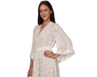 White robe in sheer viscose with devore star print; sexy white robe with kimono sleeves; elegant and luxury beachwear