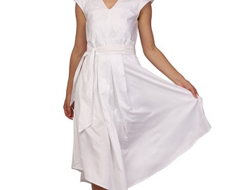 White midi dress in satin cotton with belt and asymmetric hem; elegant casual and formal dress; summer dress; cap sleeve dress