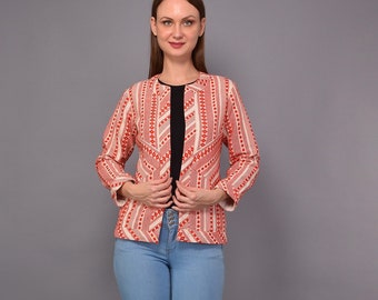 Handloom cotton jacket; Red and off white jacket, autumn jacket; winter jacket; holiday jacket; Red coat; Ladies jacket; Fall Jacket;