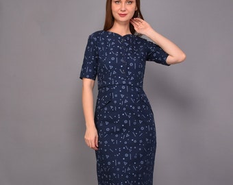 Dark blue geometric print dress; Holiday dress; Cotton twill dress; Vintage dress; Thanksgiving dress; Victorian dress; Blue dress;