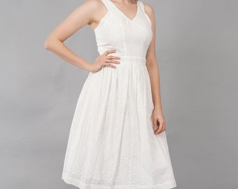 Summer eyelet dress; White cotton dress; stylish summer wear; Fit and flare dress; V-Neck Dress; light cotton dress; soft cotton dress;