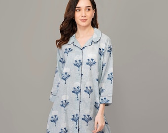 Ladies cotton sleepshirt; hand block print shirt; stone washed sleepwear; blue flower print sleep shirt; Summer sleepwear; lounge wear