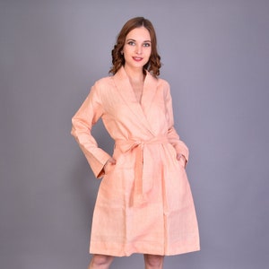 Peach linen bathrobe elegant and luxury beachwear Linen Robe for men and Women Mid calf robe classic robe Home wear soft Lounge wear image 3