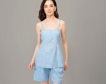 Ladies cotton summer pajamas; short and top; Strappy shorts pajamas; Blue pajama set; Tank top pajama set; Spaghetti top; Lounge wear