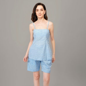 Ladies cotton summer pajamas short and top Strappy shorts pajamas Blue pajama set Tank top pajama set Spaghetti top Lounge wear image 1