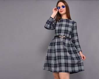 Flannel dress in checks; flannel sleeve dress; warm dress; vintage flannel dress; flannel brand collar dress; holiday dress; winter dress;