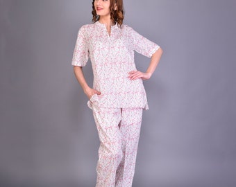 Pink floral cotton pajamas; holiday pajamas; cotton pajamas; Summer pajama; comfortable pajamas; ladies pajama; mother and daughter pajamas