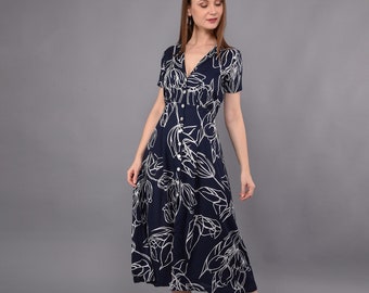 Leaf print dress in Blue Shirt dress; midi dress; summer holiday dress; stylish dress; Blue women dress; Cotton dress; Comfortable wear