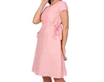Baby-pink linen holiday dress; classy linen dress; work wear; comfy dress; autumn linen dress