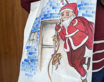 Hand-painted tote bag set of three; Santa Claus tote bags; Wreaths tote bags; New Year gift bags; holiday gifts on canvas