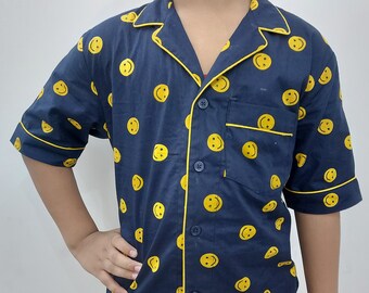 Kids soft cotton blue pajamas, smiley theme yellow pajamas, emoji pajama, Cotton pajamas, smiley pajamas, comfortable pajamas, kids pajamas