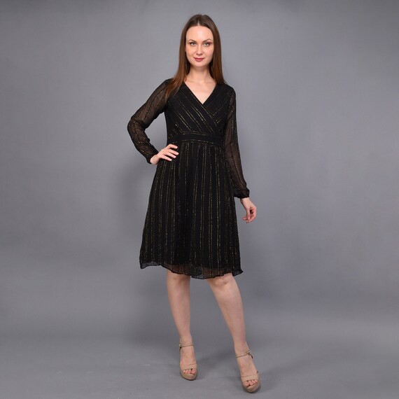 Black Dress With Midi Holiday Dress Party Dress Bride s Maid Dress Christmas Dress Black Georgette Surplice Dress Black Gold Dress Etsy Canada