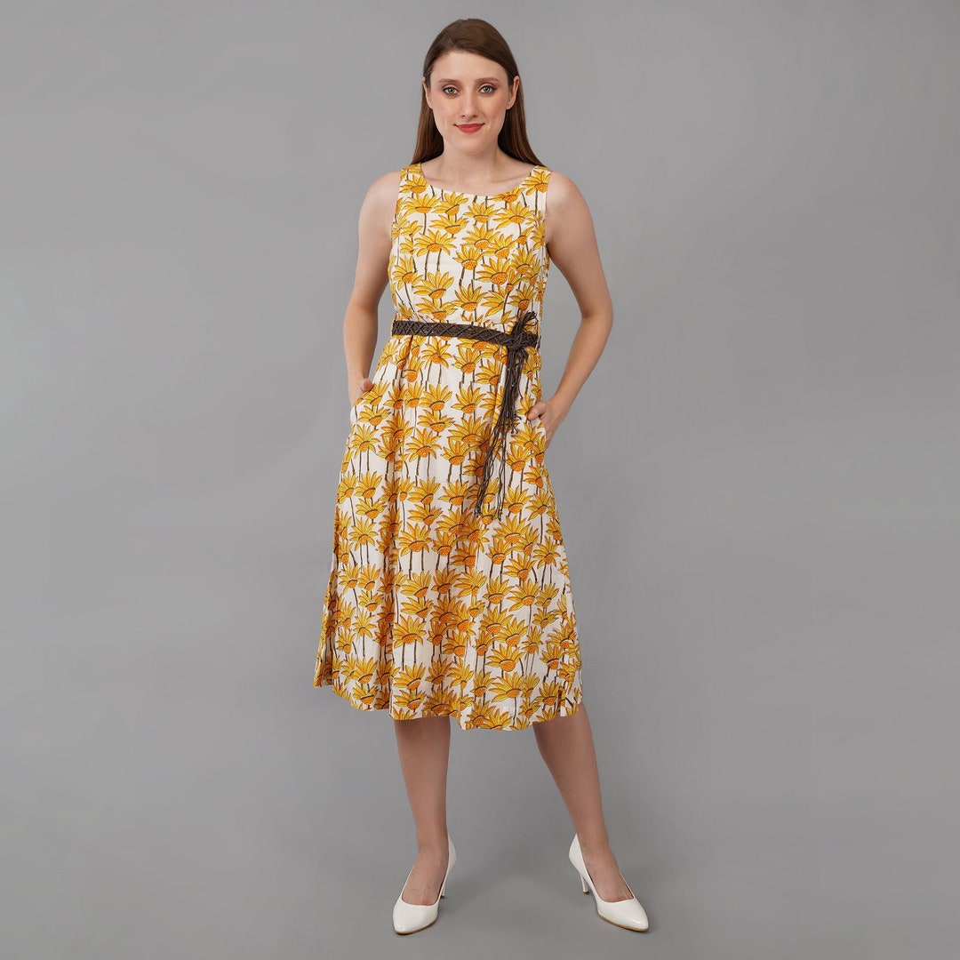 Summer Sun Flower Yellow Dress Block Print Cotton Dress Custom Made